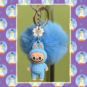 🧸 🆕 🧸 Labubu Blue Keychain Toy With Blue Pom Pom and Flower Charm#2